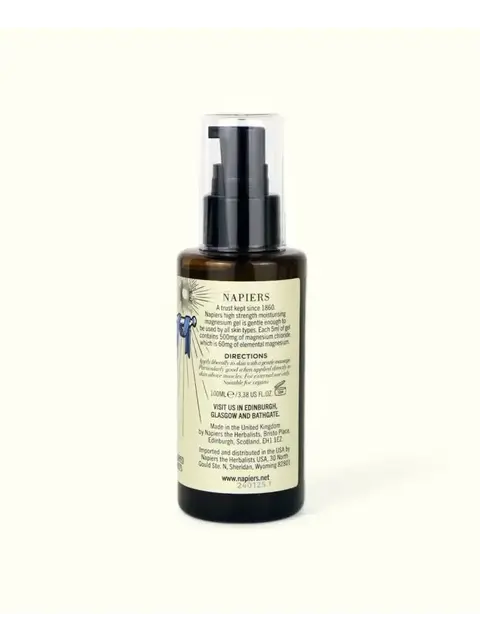 Napiers magnesium spray bottle with label text and directions. 100ml size.