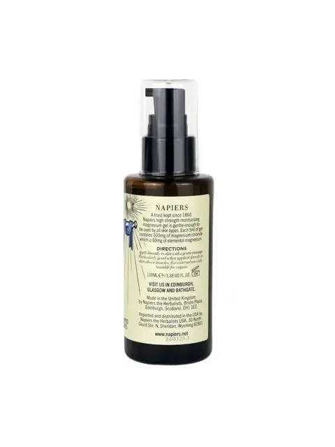 Brown bottle of Napiers moisturising magnesium oil spray, 100ml, with label text.