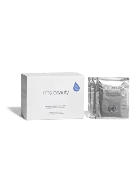 RMS Beauty makeup remover wipes box and sachets.