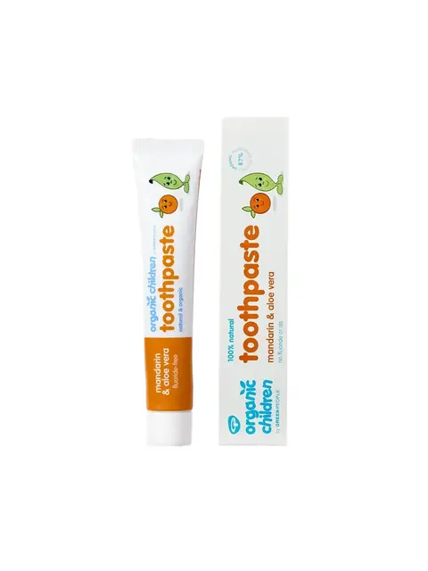 Organic children's toothpaste, mandarin and aloe vera flavour, fluoride-free, tube and box.