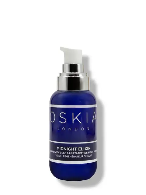 Oskia London Midnight Elixir serum in a blue pump bottle.
