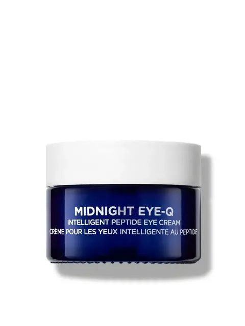Blue jar of Midnight Eye-Q Intelligent Peptide Eye Cream with white lid.