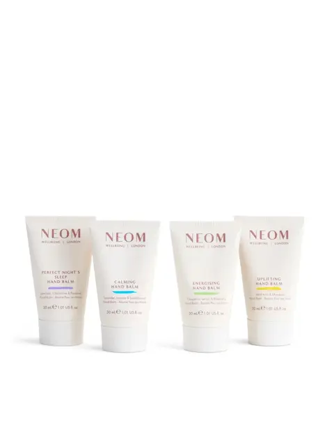 Four Neom hand balms: Perfect Night's Sleep, Calming, Energising, Uplifting, 30ml each.