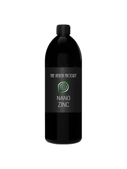 Black bottle labelled "The Health Factory Nano Zinc".