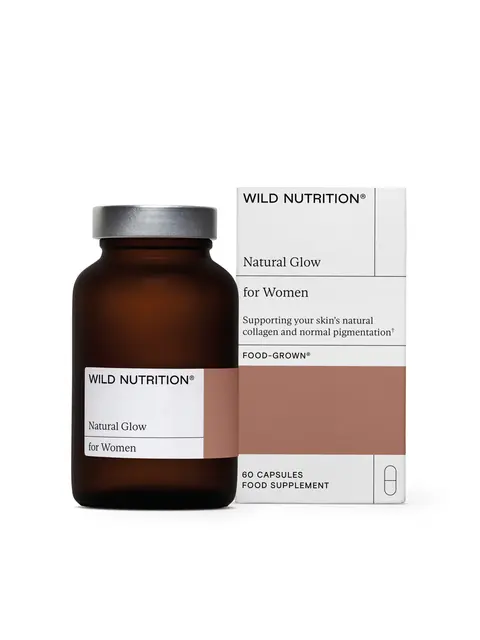 Brown bottle and box of Wild Nutrition Natural Glow for Women, 60 capsules.