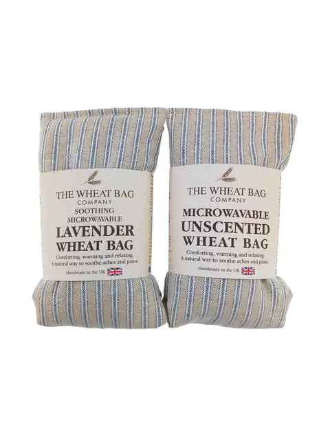 Two striped wheat bags: lavender and unscented, labelled for soothing and microwavable use.