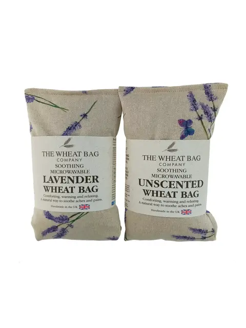 Two wheat bags: one lavender-scented, one unscented. Both are microwavable and UK-made.