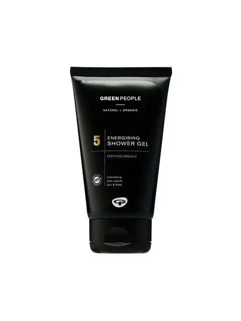 Black tube of Green People Energising Shower Gel, certified organic, for hair and body.