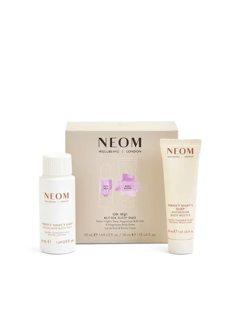 NEOM Better Sleep Duo with bath milk and body butter in front of packaging.