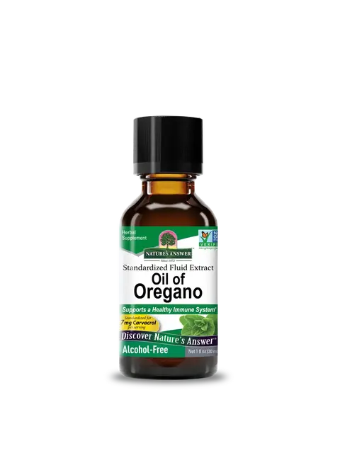 Brown bottle of Nature's Answer Oil of Oregano, alcohol-free, 30 ml.