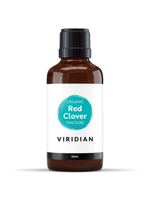 Brown bottle of Viridian Organic Red Clover Tincture, 50ml.