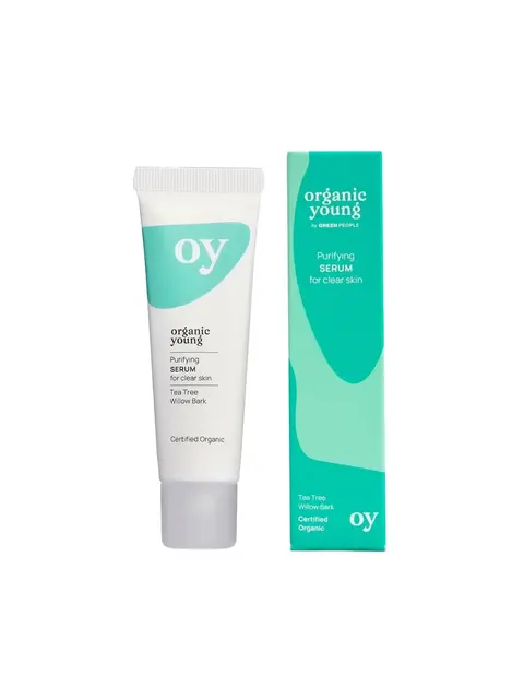Tube and box of Organic Young Purifying Serum for clear skin, tea tree and willow bark.