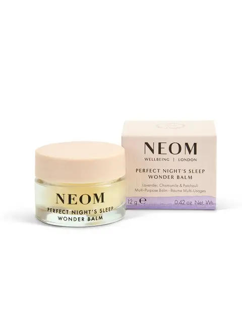 NEOM Perfect Night's Sleep Wonder Balm jar and box, 12g, lavender, chamomile, patchouli.