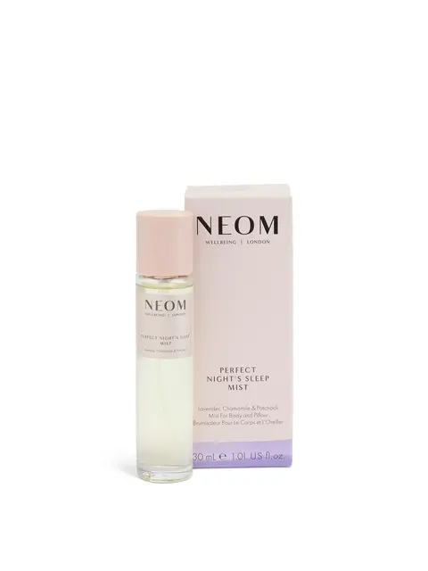 NEOM Perfect Night's Sleep Mist, 30ml bottle and box, lavender, chamomile, patchouli scent.