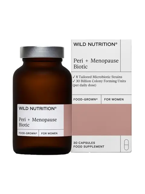 Wild Nutrition Peri + Menopause Biotic bottle and box, 30 capsules, food supplement.