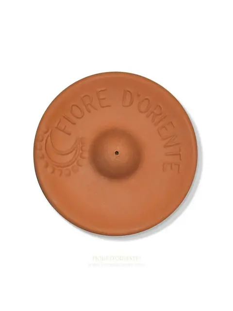 Terracotta incense holder with "Fiore D'Oriente" text and crescent moon design.