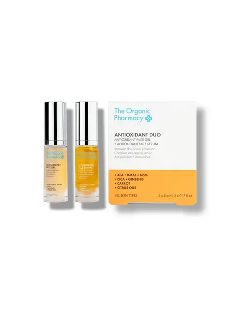 Antioxidant Duo: Face Gel and Serum by The Organic Pharmacy, 5ml each, for all skin types.