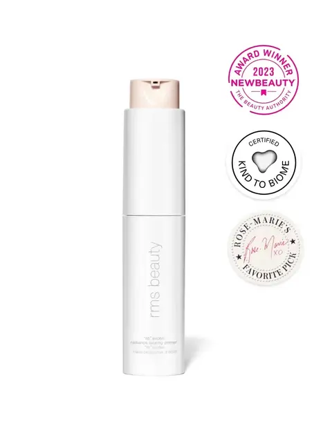 White RMS Beauty primer bottle with award and certification badges.