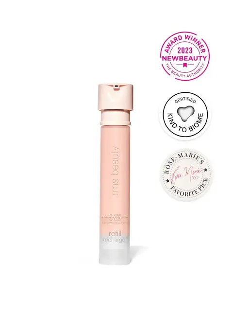 RMS Beauty Re Evolve Radiance Locking Primer with award and certification badges.