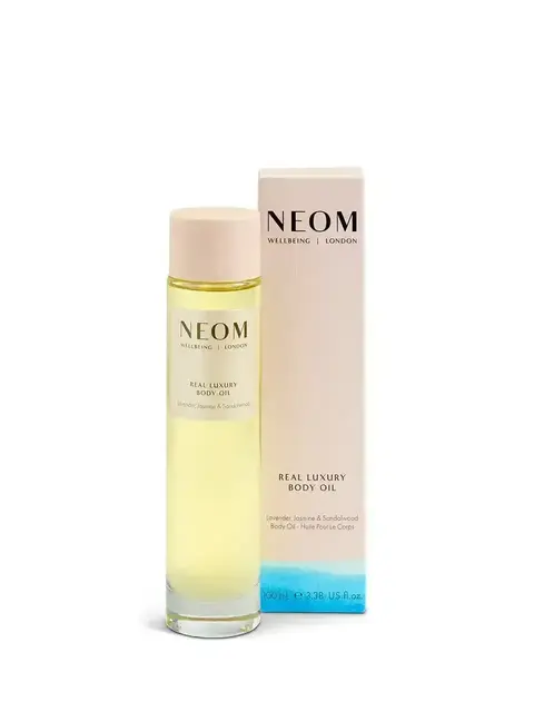 NEOM Real Luxury Body Oil, 100ml bottle with packaging. Lavender, jasmine, sandalwood scent.