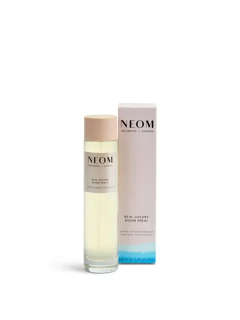 NEOM Real Luxury Room Spray, lavender, jasmine, sandalwood, 100ml bottle and box.