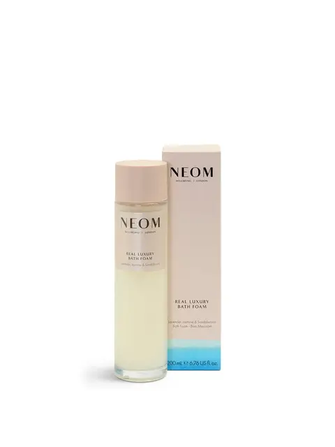 NEOM Real Luxury Bath Foam, 200ml bottle with matching box, lavender, jasmine, sandalwood scent.