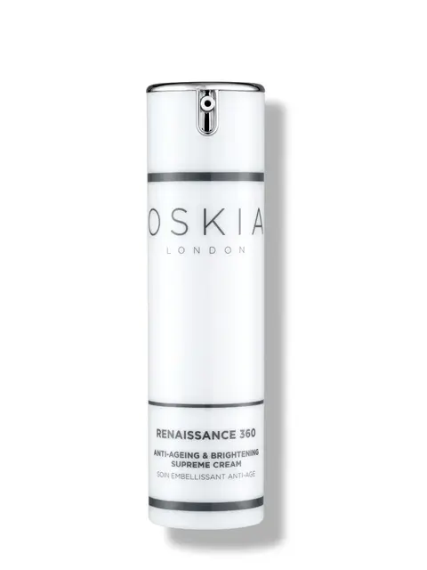 Oskia London Renaissance 360 Anti-Ageing & Brightening Supreme Cream in a white bottle.