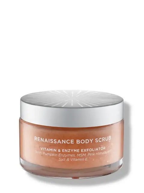 Renaissance Body Scrub jar with silver lid, contains vitamin and enzyme exfoliator.