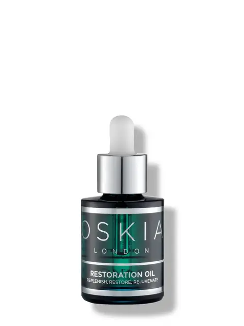 Oskia London Restoration Oil bottle with dropper, text: Replenish, Restore, Rejuvenate.