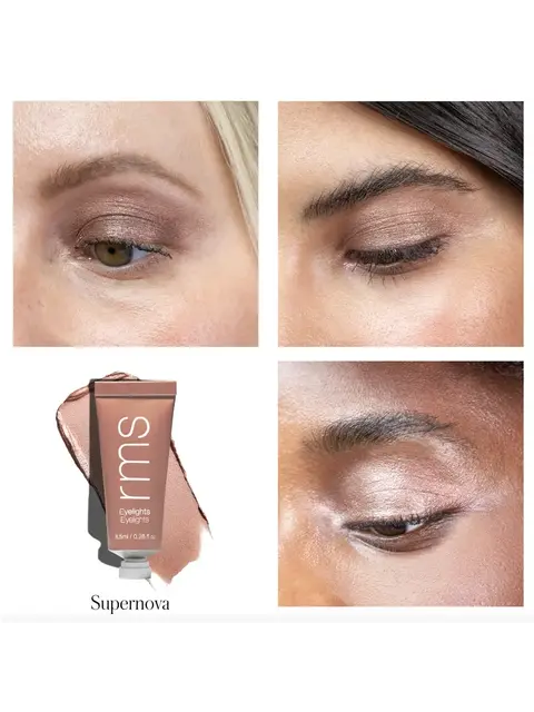 Four close-ups of eyes with shimmery eyeshadow. Tube labelled "rms Eyelights" in shade Supernova.