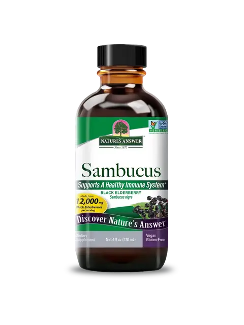 Nature's Answer Sambucus bottle, 120ml, black elderberry supplement.
