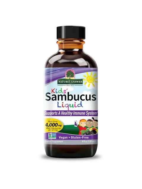 Kids' Sambucus Liquid bottle, supports immune system, 4,000mg elderberries, vegan, gluten-free.