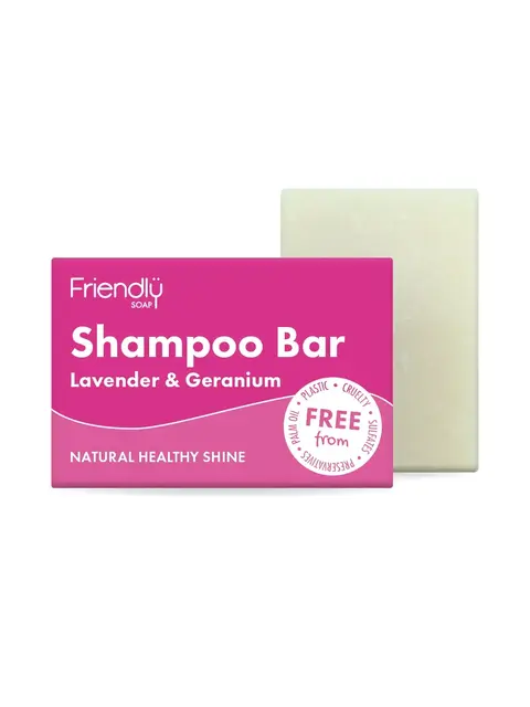 Friendly Soap Shampoo Bar, Lavender & Geranium, free from palm oil, plastic, cruelty, sulphates.
