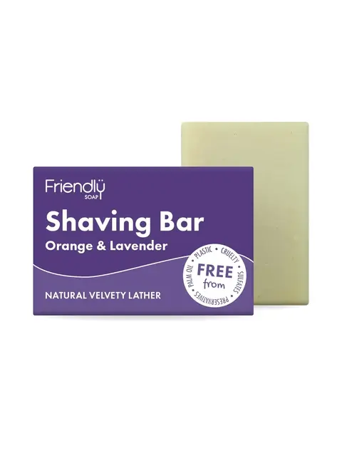 Friendly Soap Shaving Bar, Orange & Lavender, natural velvety lather, free from palm oil.