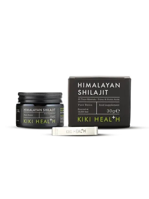 KIKI Health Himalayan Shilajit jar and box, 30g, pure resin food supplement.