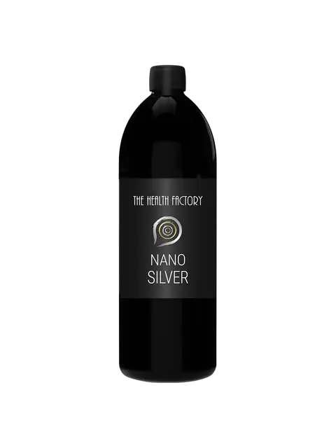 Black bottle labelled "The Health Factory Nano Silver".