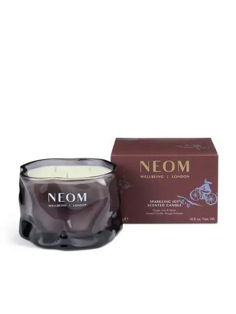 NEOM Wellbeing London candle with box, Sparkling Joy scent, ginger, lime, vetiver.