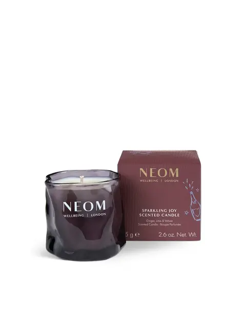 NEOM Sparkling Joy scented candle with box, 75g, ginger, lime, vetiver.