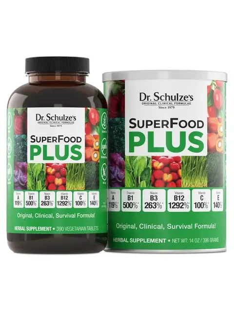 Dr. Schulze's SuperFood Plus supplements, bottle and tin, with vegetable images on labels.