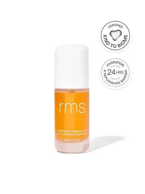 Rms SuperSerum Hydrating Mist, 30ml bottle, certified Kind to Biome, 24-hour hydration.