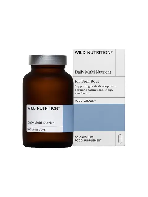 Brown bottle and box of Wild Nutrition Daily Multi Nutrient for Teen Boys, 60 capsules.
