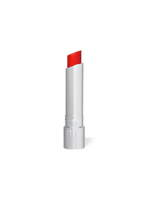 Silver tube of red lipstick with "rms" logo on the base.