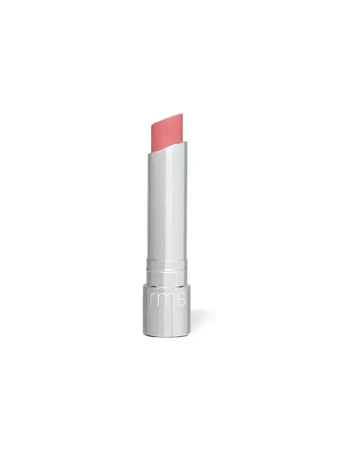 Silver lipstick tube with pink lipstick, "rms" on the cap.