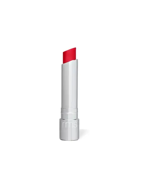 Silver tube of red lipstick with "rms" on the base.