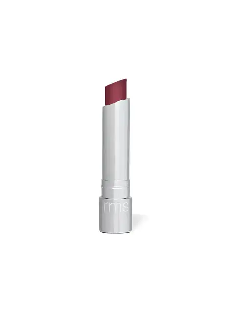 Silver lipstick tube with "rms" logo, featuring a deep red shade.