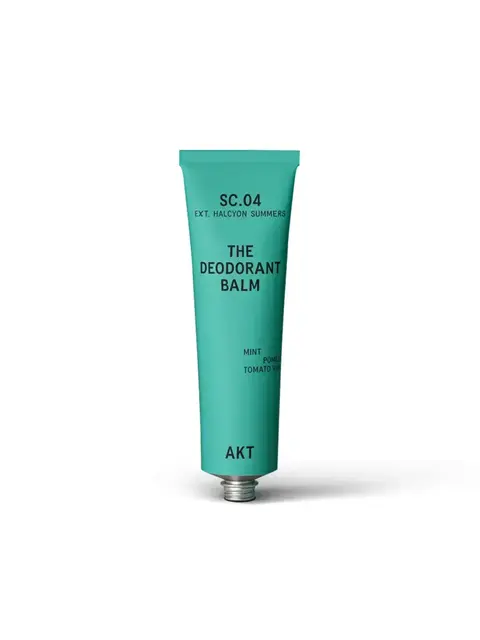 Turquoise tube labelled "SC.04 The Deodorant Balm" with mint, pomelo, tomato vine scent.