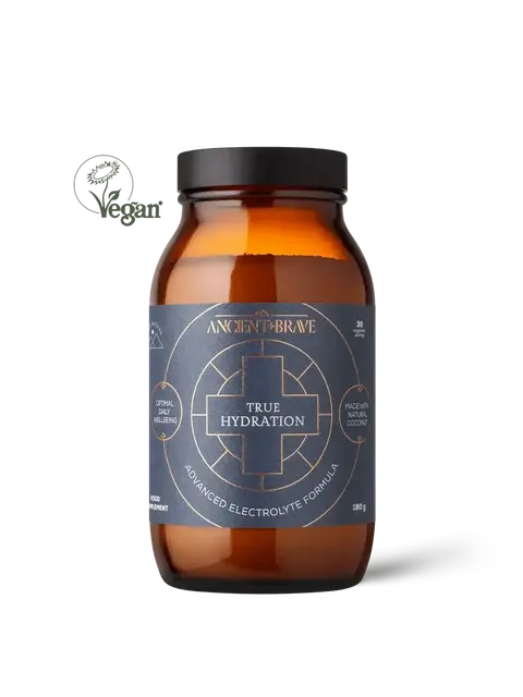 Brown jar with "True Hydration" label, 180g, advanced electrolyte formula.