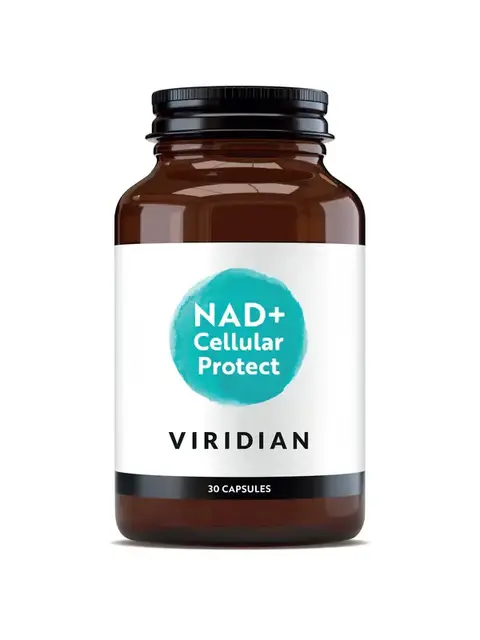 Brown bottle labelled "NAD+ Cellular Protect" by Viridian, 30 capsules.