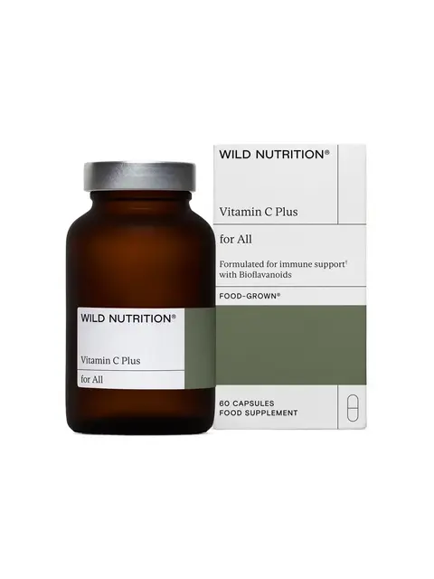 Brown bottle and box of Wild Nutrition Vitamin C Plus, 60 capsules.