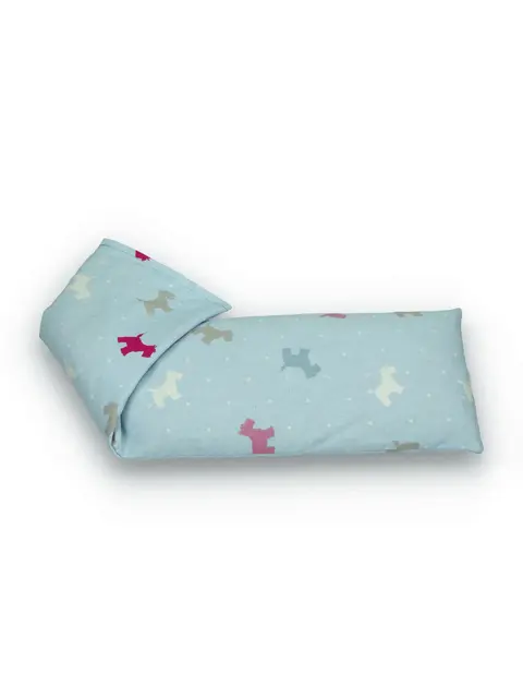 Blue fabric eye pillow with colourful dog pattern.